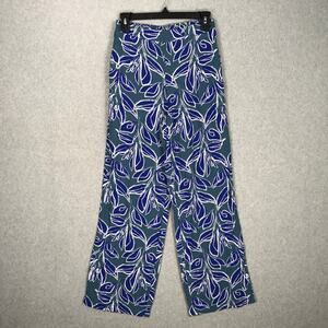 Sincerely Jules Linen Wide Leg Pants‎ Small Blue Army Green Tropical Palm Resort